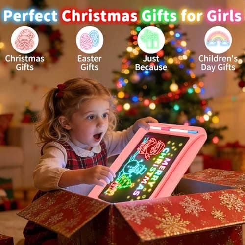 Magic LED Drawing Board for Kids, Girl Toys for Ages 5-7, Christmas Birthday Gifts, Light Up Tracing Pad, 9 Double-Sided Cards, 6 Markers, Neon Effect Doodle Writing Tablet, Arts Crafts Learning Toy - Thumbnail 2