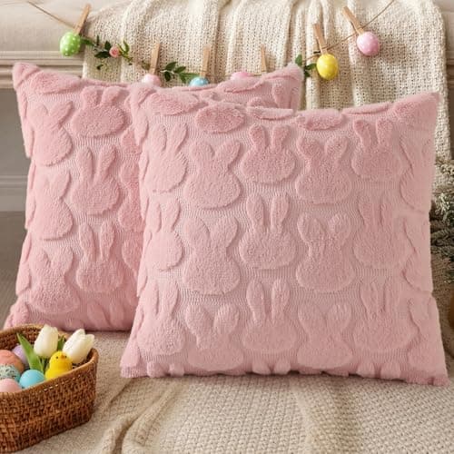 decorUhome Pink Faux Fur Bunny Throw Pillow Covers 20X20 Set of 2 - Thumbnail 4