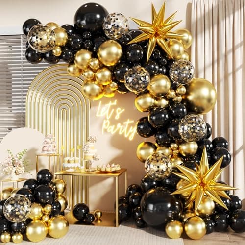 Black and Gold Balloon Garland Arch Kit, 140Pcs Black Gold Confetti Balloons with Stars for Birthday Graduation New Year Retirement Anniversary Wedding Engagement Party Decorations - Image 1