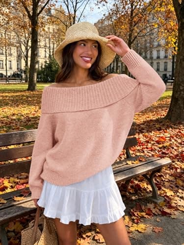 ATHMILE Pink Off the Shoulder Sweater Womens Oversized Spring Tops Batwing Sleeve Loose Pullover Fall Winter Outfits - Thumbnail 2