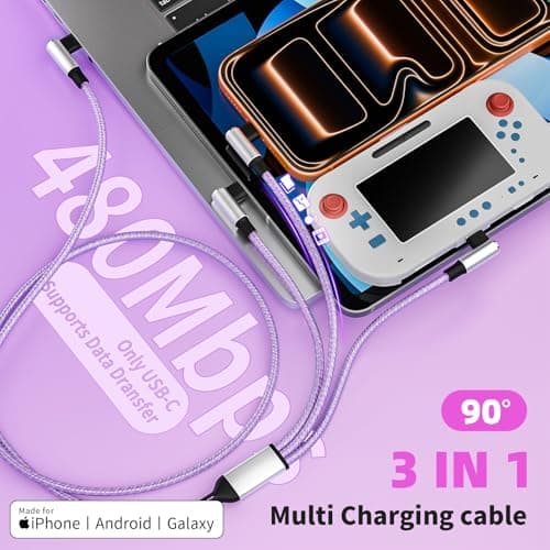 Jogrytece 90 Degree 3-in-1 Multi Charging Cable 2Pack 5FT - Right Angle USB C to Type C/IP/Micro USB, Gamer & Travel Essential for iPhone 17-12, Galaxy, Huawei, iPad and More - Thumbnail 5