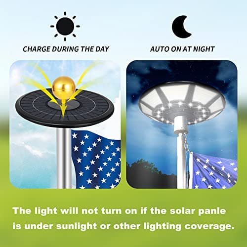 Solar Flagpole Light – 566 LEDs, 10,000mAh Battery, 32cm Solar Panel for 50% More Coverage, UFO Design for 15-25 ft Flagpoles, Ideal for Patriotic Displays & Outdoor Decoration - Thumbnail 5