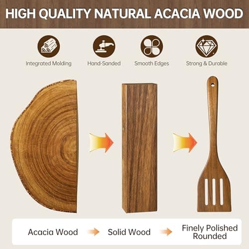 FYCTIO Wooden Utensil Set 12 PCS - Natural Non-Toxic Acacia Wooden Spoons for Cooking, Nonstick, Sturdy, Easy to Clean, Wood Kitchen Utensils Set with Holder, Spoon Rest & 6 Hooks, Ideal for Gifting - Thumbnail 3