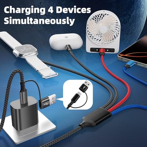 Dual Type-C Port 4 in 2 USB C Cable for iWatch Charger/iPhone 17, Travel Charger Multi Charging Cable Cord for iWatch Ultra/SE/10-1, iPhone16-8, iPad, Android, Car, Cruise Essentials - 1Pc 5FT - Thumbnail 2