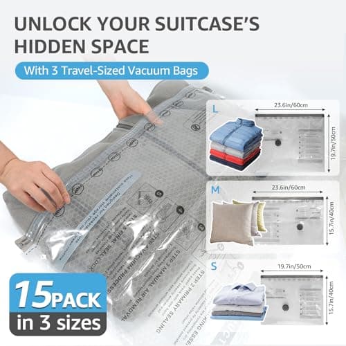 15 Packs Vacuum Bags for Travel with Rechargeable Pump, 3 Sizes Vacuum Seal Bags for Clothing, Compression Vacuum Travel Bags for Luggage, Vacuum Packing Bags for Closet Organization - Thumbnail 3