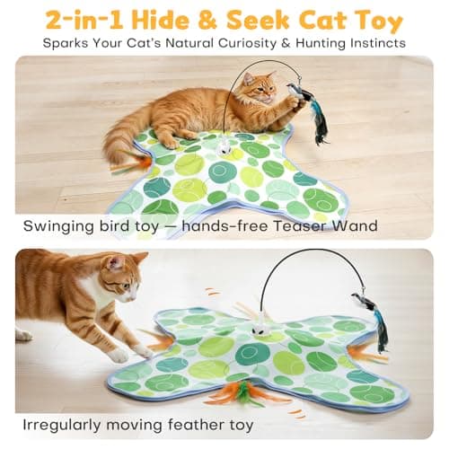 PETSWEET Interactive Cat Toys with Bird, Hide and Seek Cat Toy, 2 in 1 Automatic Moving Concealed Feathers for Indoor Cats, Non-Slip Suction, Touch Activated, USB Rechargeable, Green - Thumbnail 2