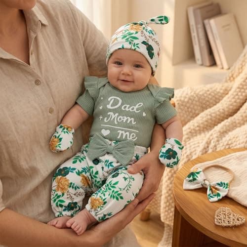 ChuYuKu Newborn Girl Clothes 5Pcs Ruffle Sleeve Soft Romper Cute Spring Flower Pants Set Baby Girls Celebration Gift Outfits - Thumbnail 4