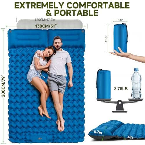 Double Camping Sleeping Pad, 4" Extra Thick 2 Person Inflatable Sleeping Pad with Built-in Foot Pump & Pillow, Ultralight Self Inflating Camping Mattress for Tent, Backpacking, Hiking, Travel, RV - Thumbnail 3