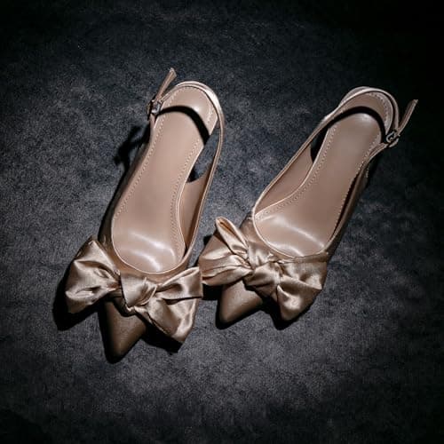 RUSAUISE Nude Heels Slingback Heels with Bow Satin Dressy Pointed Toe Pumps 2 Inch Kitten Heel Work Shoes for Office Business Ballroom Evening Size 7.5 - Thumbnail 2