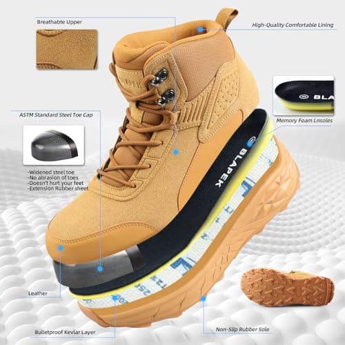 Blapek Steel Toe Work Boots for Men Non Slip Puncture Proof Safety Work Shoes for Men with Indestructible Construction Comfortable Perfect for Outdoor, Hiking, Construction Yellow 7 - Thumbnail 4