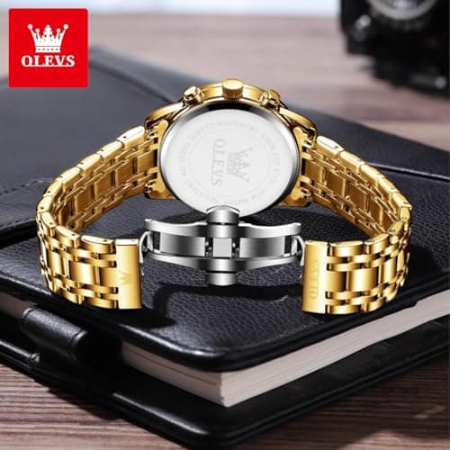 OLEVS Luxury Gold Watches for Men Stainless Steel Watches Chronograph Men Quartz Watch Classic Roman Dial Waterproof - Thumbnail 6