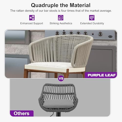 PURPLE LEAF Outdoor Rattan Bar Height Stools Set of 2 Modern Patio Metal Wicker Barstools Boho Aluminum Woven Bar Chairs with Wraparound Arm Backrest for Kitchen Island Garden Indoor Teak - Thumbnail 6