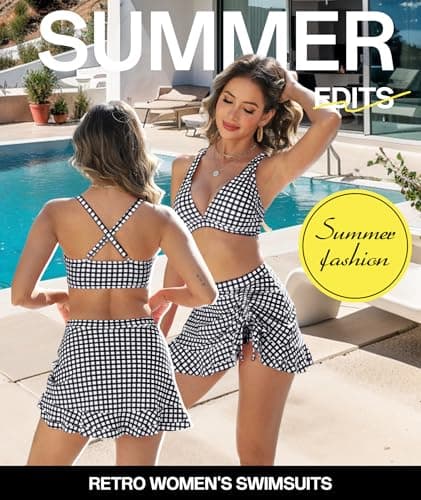 High Waisted Bikini Sets for Women Gingham Push Up Two Piece Swim Skirt Set Tummy Control Bathing Suit 2026 Swimsuit Curvy V Neck Ruffle Full Coverage Tops and Bottoms Matching Set Plaid Black Small - Thumbnail 3