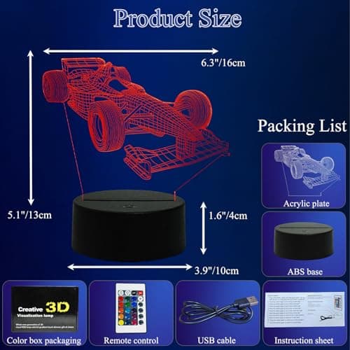Paesteffe 3D LED Night Light for Kids, Formula 1 Racing Car Intelligent Illusion Lamp, 16 Color LED F1 Night Lamp Remote Control for Children's Room Decoration and Children's Gifts - Thumbnail 5