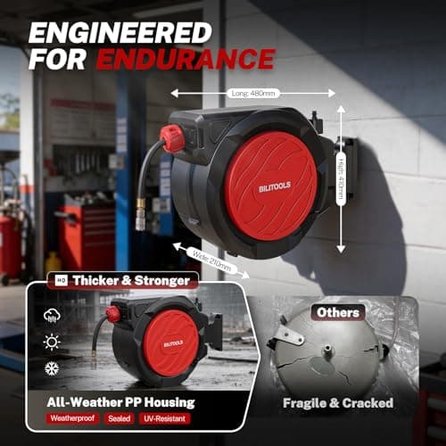 BILITOOLS Retractable Air Hose Reel, 1/2" x 50 ft High Flow Hybrid Air Hose Max 300PSI, Enclosed Air Compressor Hose Reel with Smooth Auto Rewind & 5 ft Lead-In Hose, 180° Swivel Wall/Ceiling Mount - Thumbnail 6