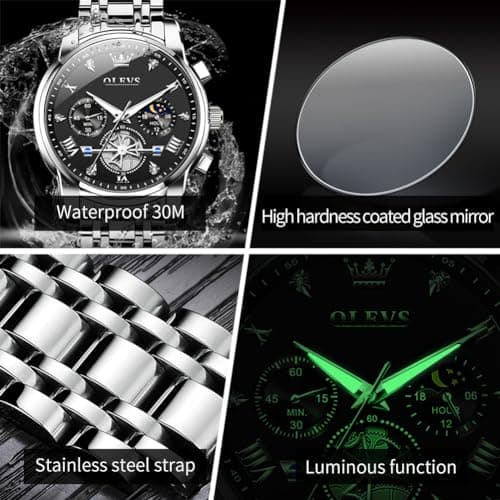 OLEVS Watch Men Luxury Dress Black Big Face Silver Stainless Steel Wrist Analog Quartz Watches for Men Waterproof Chronograph Luminous Moon Phase Cheap Mens Watches Relojes para Hombres - Thumbnail 5