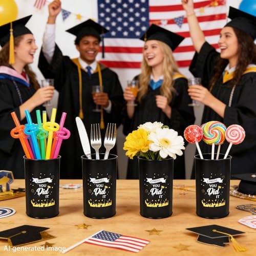 Pack of 6 Graduation Centerpieces Vase for Tables 2026, Galvanized Metal Tin Holder for Flowers Grad Caps Utensil, Congrats Grad Mason Jars for Home Party Decorations Supplies, Black - Thumbnail 3