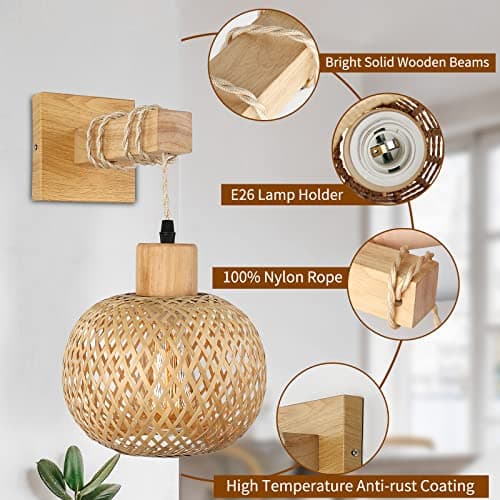 Frideko Bamboo Wall Sconce Lighting - Rattan Wall Lamps for Bedroom, Farmhouse Wall Light with Bamboo Lampshade, Rustic Boho Sconces Light Fixture for Living Room - Thumbnail 4
