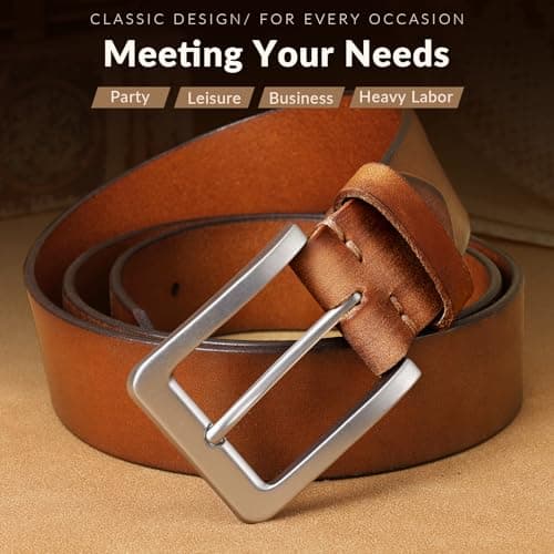OZNDAS Men's Leather Belt Full Grain Leather Belts for Men Handmade Real Solid Top-Grain Leather Heavy-Duty Work Belt Gifts Brown Leather Belt for Wasit 44"-47" - Thumbnail 6