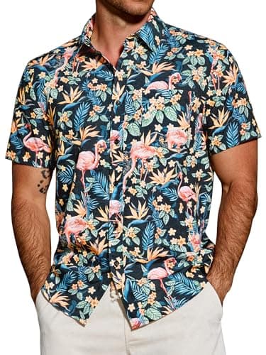 JEMLDL Men's Hawaiian Short Sleeve Button Down Shirt Wrinkle-Free Lightweight Clothing Flamingo Tropical Luau Party Black Yellow Flamingo 2X-Large - Image 1