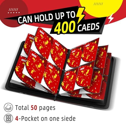 Trading Card Binder 4 Pocket,400 Pocket Card Collection Binder with 50 Removable Sleeves,PU Waterproof Top Card Book,3-Ring Zipper Collectible Trading Card Album for MTG/TCG/Card Holder Gift（Red） - Thumbnail 5