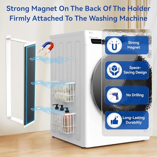 Laundry Room Organization and Storage Magnetic Dryer Ball Holder with Magnetic Hanger Holder, Magnetic Lint Bin for Washer Dryer, Iron Basket Dryer Ball Container, Magnetic Laundry Organizer (White) - Thumbnail 2
