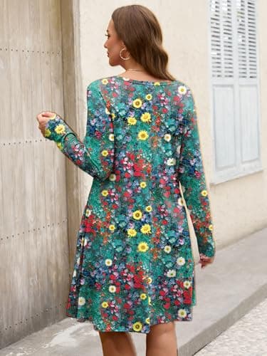 AusLook Plus Long Sleeve Dress for Women 2025 Fall Winter Casual Flowy A-Line Boho Midi Party Vacation Maternity Wedding Guest Work Oil Paint Petals 5X Dresses with Pockets - Thumbnail 6