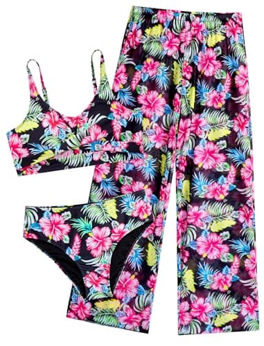 Seanrui Girls Kids Swimsuits 3 Piece Bikini Set with Swim Pants Two Piece High-Waisted Bathing Suits Swimwear 6-7 Years Black Flower - Image 1