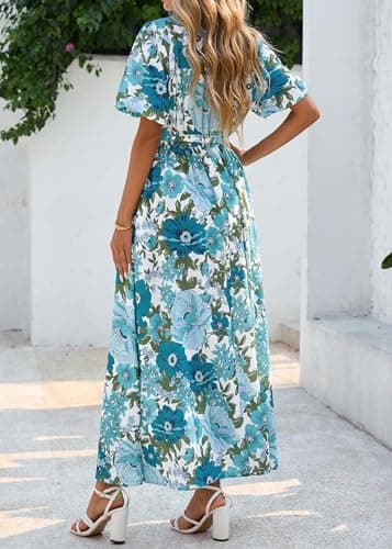 KIRUNDO Women Spring Summer Wedding Guest Boho Floral Maxi Dress Puff Sleeve Button Shirt V Neck Flowy Beach Vacation Dress(Blue Green, Small) - Thumbnail 2