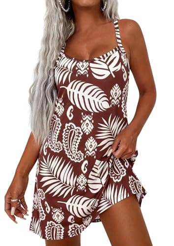 PRETTYGARDEN Women's Summer Dresses 2026 Casual Print Spaghetti Strap Sleeveless Sundress Beach Vacation Cover Ups (Brown,Small) - Image 1
