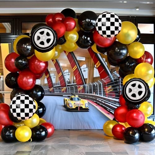Race Car Balloon Garland Arch Kit, 160Pcs Red Yellow Black Latex Balloons Wheel Checkered Foil Balloons for Racing Car Two Fast 2nd Birthday Party Decorations - Thumbnail 5