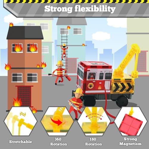 Magnetic Tiles for Kids, 56PCS Construction Magnet Tiles with Fire Truck Station, Building, Road, Crane, Car Truck - STEM Magnetic Blocks for Kids Ages 4-8, Toys for 4 5 Year Old Boys Birthday Gifts - Thumbnail 6