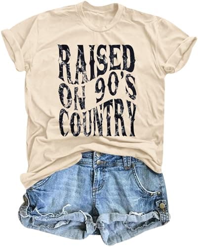 Raised on 90s Country Shirt Womens: Country Concert Outfit Country Music Tshirt Vintage Graphic Short Sleeve Tees Apricot - Image 1