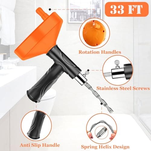 33 Feet Drain Snake Auger, Plumbing Snake Drain Hair Clog Removal Tool, Sink Unclogger Drain, Heavy Duty Toilet Snake Auger, Cleaner Tool for Bathroom Kitchen Tub Shower Drain Clog Remover with Gloves - Thumbnail 2