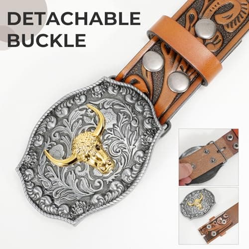SANSTHS Mens Cowboy Belt Western Bull Buckle Belt for Men Womens Floral Embossed Leather Belts for Jeans, Brown - Thumbnail 2