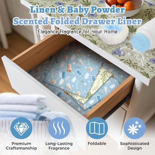 STRN Drawer Liners for Dresser, Linen & Baby Powder Scented Fragrant Drawer Liner 12 Sheets, Non-Adhesive Drawer Paper Liner for Bedroom Shelf Closet, Shoe Chest - Thumbnail 2