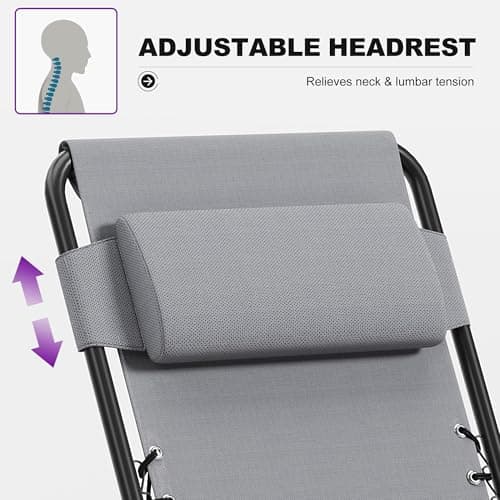 PURPLE LEAF Outdoor Reclining Chair Patio Zero Gravity Chaise Lounge Folding Chair with Removable Cushion Adjustable Headrest for Lawn Camping Beach Pool Grey - Thumbnail 6