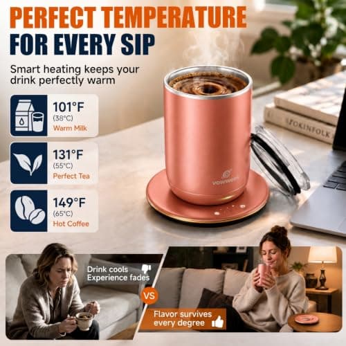 Self Heated Stirring Mugs Set of 2, 10oz Coffee Cups Warmer, Black & Rose - Thumbnail 3
