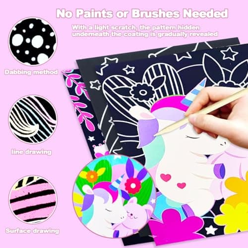 BAOXUE Scratch Art for Kids, Unicorns Black Rainbow Scratch Art Paper Set-Arts and Crafts & Supplies, DIY Activity & Party Games, Unicorn Art Gifts for Toddlers, Girls & Boys - Thumbnail 4
