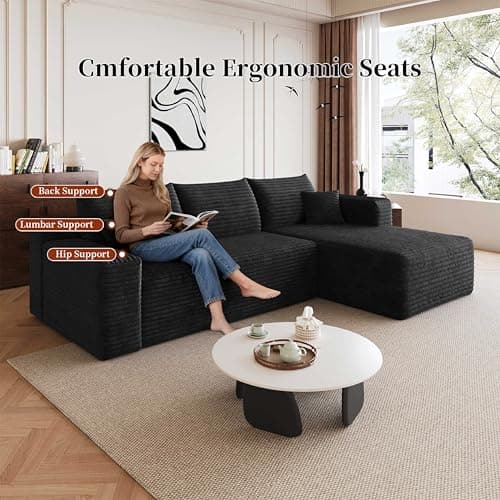 96" Cloud Small Sofa L-Shaped Modular Sectional with Chaise for Apartment & Living Room, Corduroy Deep Seat Boneless Couch, No Assembly Required, (Black, Right Facing Chaise) - Thumbnail 4