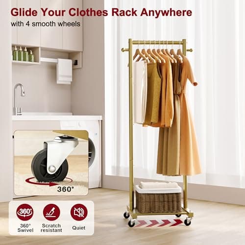 SLEEPING LAMB Small Clothes Racks for Hanging Clothes, Rolling Clothing Rack with Shelves, 60" Metal Garment Rack with Wheels Portable Wardrobe Rack for Small Space, Gold - Thumbnail 3