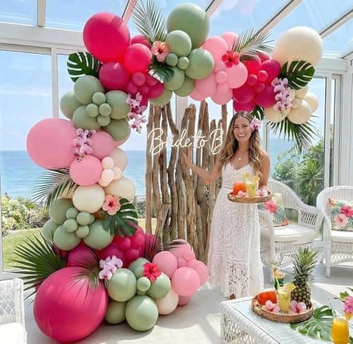 Hot Pink and Sage Green Balloon Garland Arch Kit, Double Stuffed Dusty Green Magenta & Ivory Balloon for Baby Shower, Garden Bridal Wedding, Floral Birthday, Boho Tea, Graduation,Tropical Party - Thumbnail 2