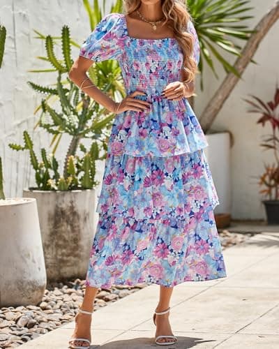 BTFBM Womens Square Neck Smocked Dress Summer Puff Short Sleeve Floral Casual Ruffle Tiered Maxi Wedding Guest Dresses(Floral Navy Multicolor, Small) - Thumbnail 6