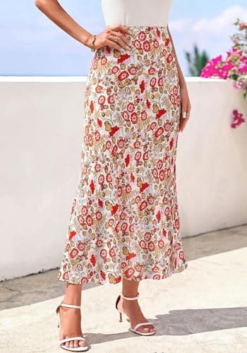 BTFBM Satin Skirts for Women 2025 Fall High Waisted A-Line Leopard Print Cocktail Wedding Long Silk Summer Midi Skirt(Floral White Red, Small) - Thumbnail 6
