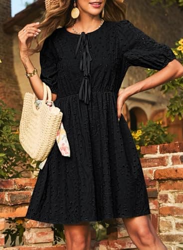 Dokotoo Prom Dress Tie Front V Neck Black Dresses Elegant A Line Hollow Out Cotton Dress Plus Size Short Dress for Women 2026 Casual Spring Wedding Guest Dress X-Large - Thumbnail 5