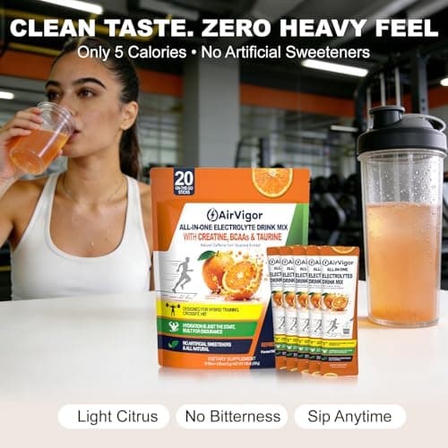 AirVigor Electrolyte Powder with Creatine All-in-One Hydration Drink Mix for Workout, Pre Workout Energy & Recovery, Amino Support, Low Calorie Electrolyte Drink Packets, 20 Sticks (Citrus) - Thumbnail 5