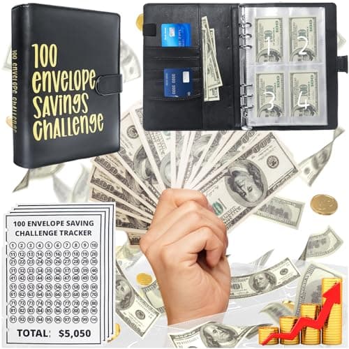 100 Envelopes Money Saving Challenge Binder & Budget Planner – Savings Book with Pre-Numbered Cash Envelopes, Trackers & Labels – Save $5,050 for Home, Office, School – Budget Binder Kit (Black) - Image 1