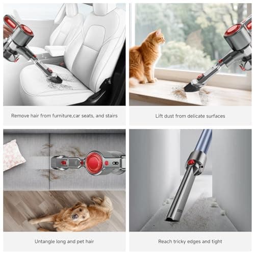 Honki Cordless Vacuum Cleaner for Home, Powerful Stick Vacuum with Rechargeable Battery, Green Light Anti-Tangle Brush, 6-in-1 Lightweight Handheld Vacuum for Pet Hair, Hard Floor, Carpet, Red - Thumbnail 6