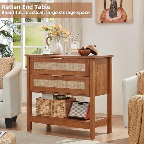 LEYAOYAO 31.5" Wide Rattan Night Stand, Oversized Large Boho Nightstand with 2 Drawer, Tea Brown Bed Side End Tables with Storage Shelf, Tall Bedside Table for Bedroom Living Room, Hallway - Thumbnail 3