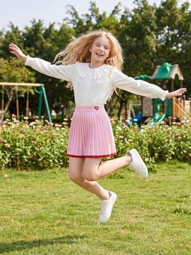 Girls Pink Knit Pleated Skirt with Red Trim, Elastic Waist Sweet Style Skirt for Teens 6-16Y - Thumbnail 3